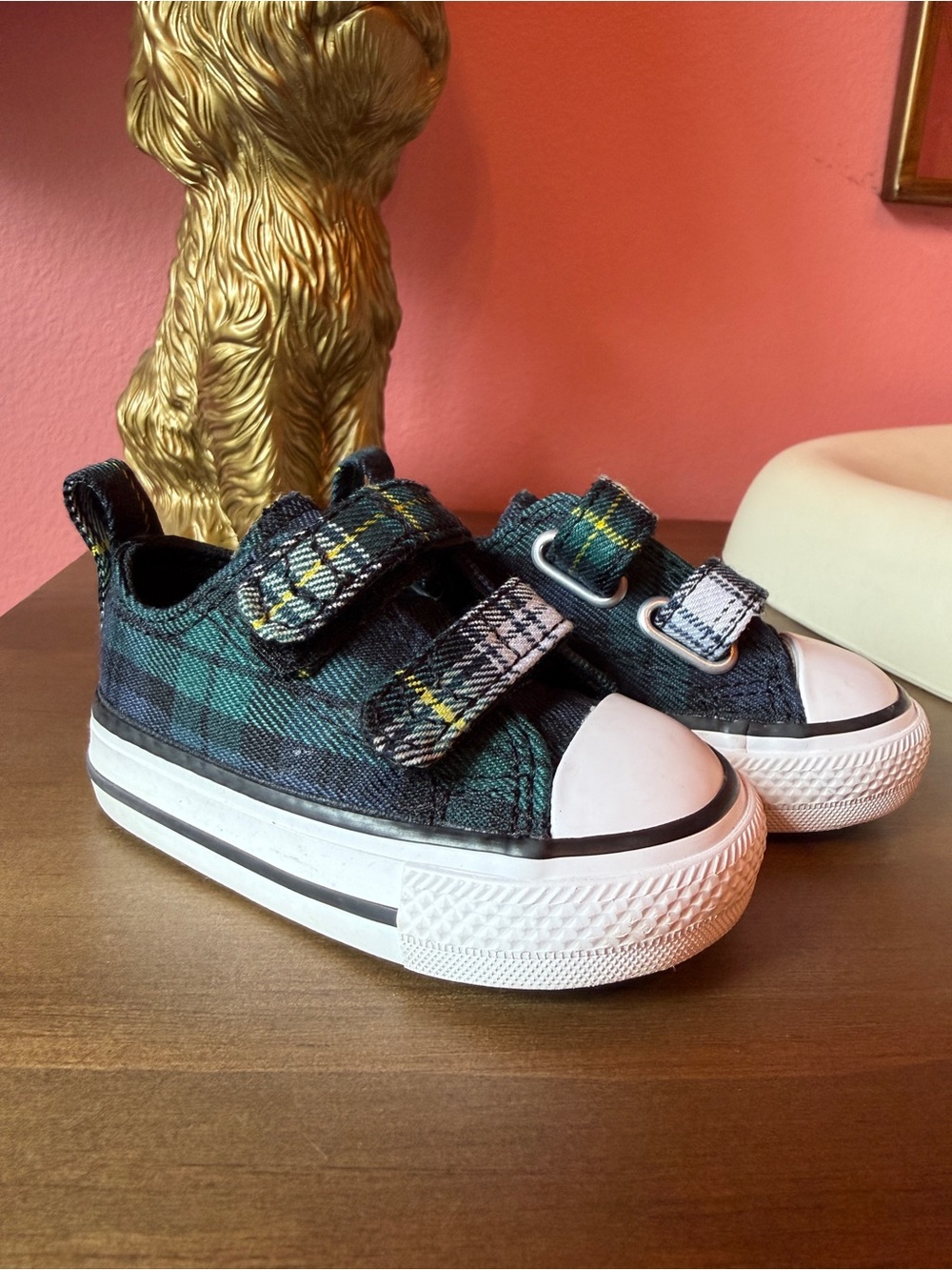 Converse Infant Green and Black Plaid Velcro Sneakers